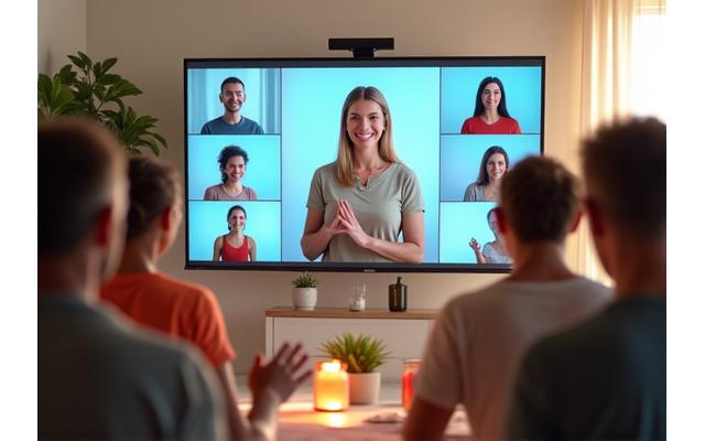 A diverse group of adults participating in a vibrant virtual wellness workshop on a large screen, showing engagement and connection.
