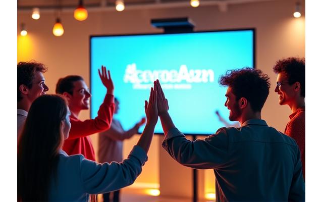 A jubilant diverse team celebrating a successful product launch, surrounded by screens displaying the AgeWell Ascend platform.