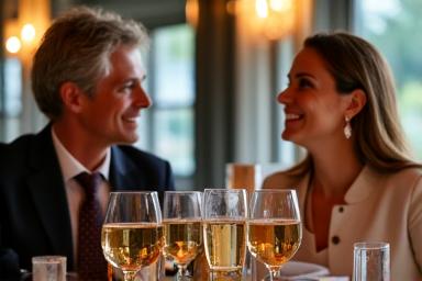 Couple enjoying a meal at a restaurant, with refined non-alcoholic drinks, symbolizing pleasant dining without alcohol.