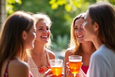 Friends happily socializing at an outdoor gathering with non-alcoholic beverages, in a bright, inviting setting.