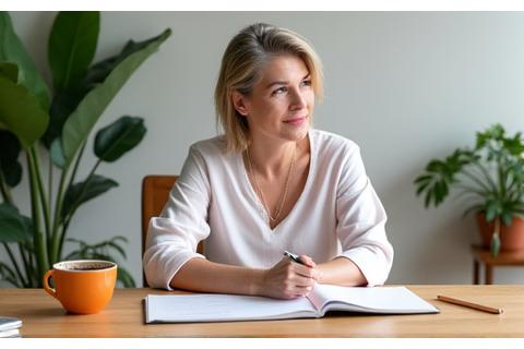 Person calmly journaling, surrounded by elements representing peace and goal setting, like a plant and organized desk.