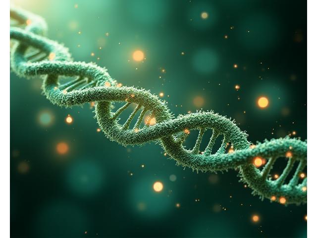 Scientific infographic showing interconnected biological pathways related to healthy aging and longevity, with symbols for DNA, mitochondria, and balanced nutrition.