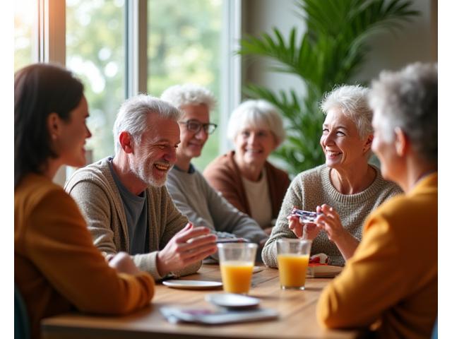 A diverse group of adults interacting happily in a bright, modern community space, signifying connectivity and support.