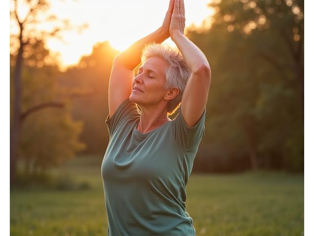 An active mature adult practicing gentle stretching outdoors at sunrise, symbolizing exercise for adult vitality.