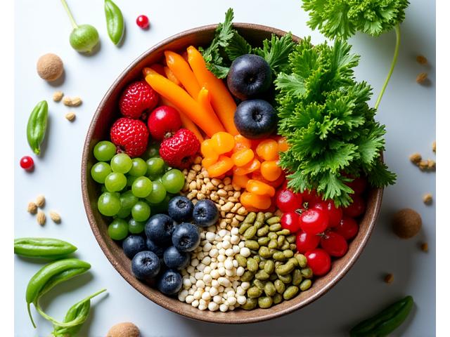 A vibrant bowl of fresh, colorful vegetables and fruits, representing healthy eating for longevity.