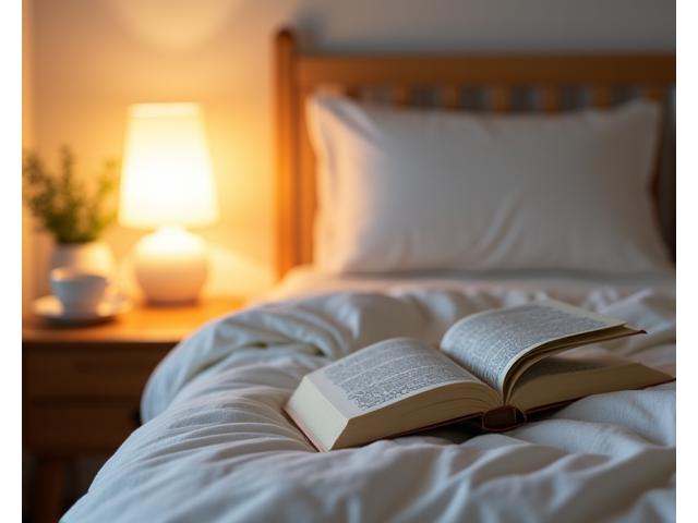 A serene bedroom scene with soft, warm lighting, representing optimal sleep and relaxation.