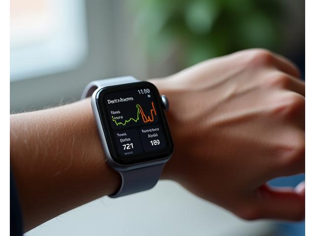 A modern smartwatch displaying health metrics like heart rate and sleep cycles on a wrist.