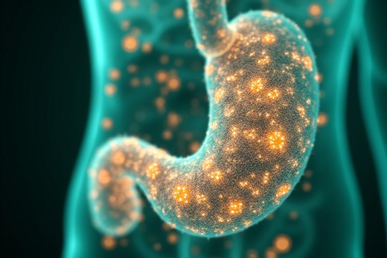 Healthy gut microbiome illustration with vibrant colors and diverse bacteria, symbolizing balanced digestion and immunity