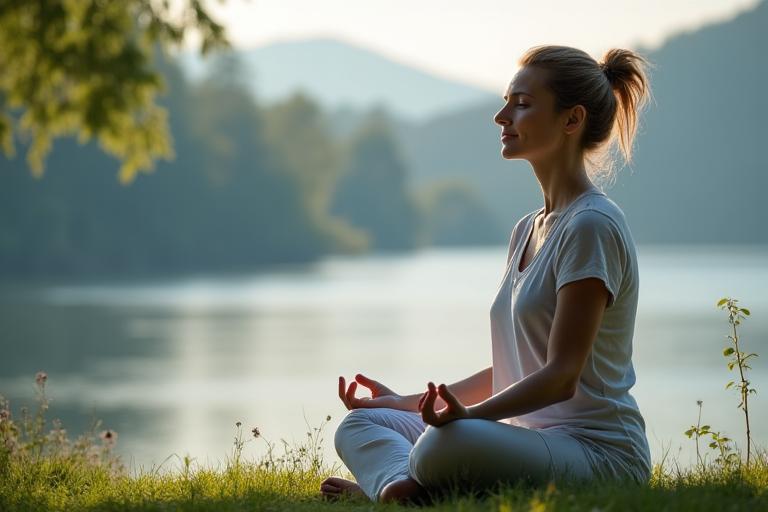 Woman practicing meditation in a serene setting, illustrating mental wellness and stress reduction