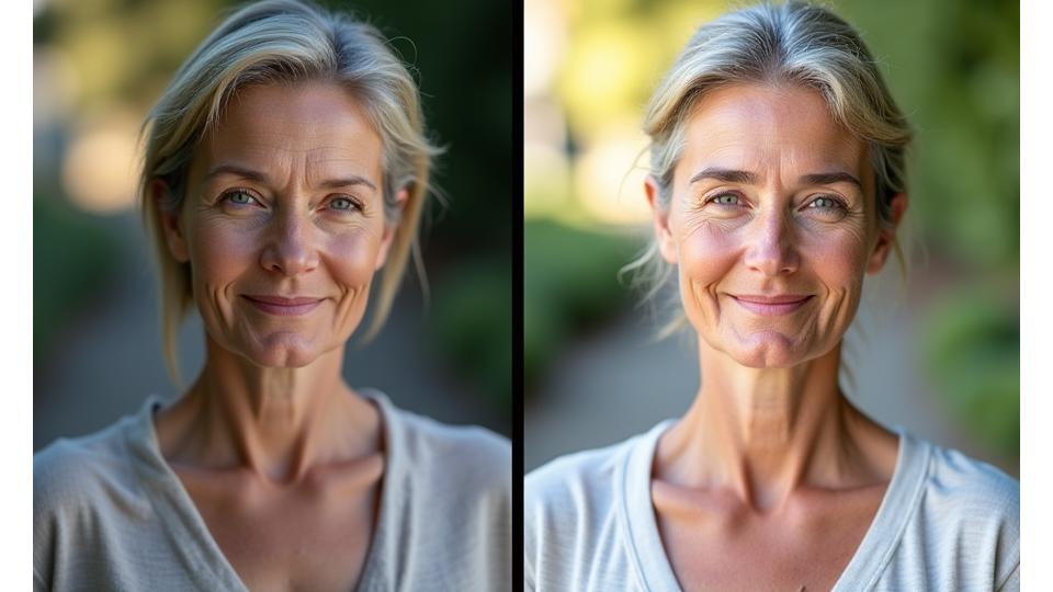 Before and after of a woman, showing increased vitality and energy, demonstrating a wellness transformation