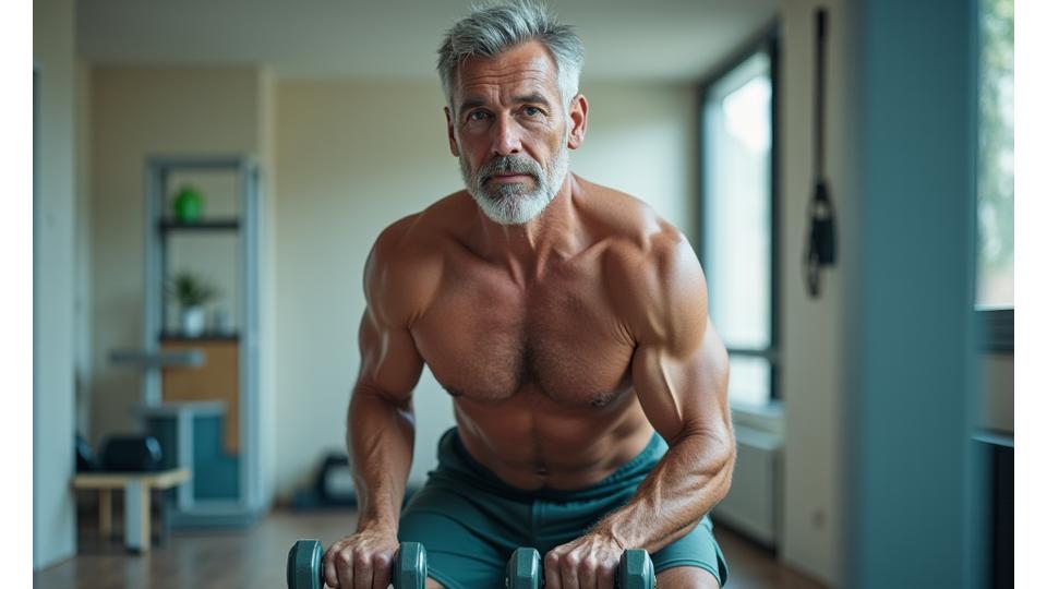 Man lifting weights with a healthy glow, symbolizing improved physical fitness and strength