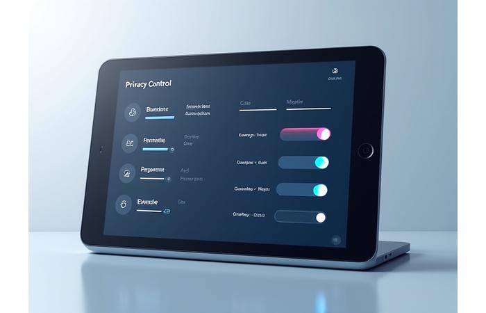 Modern digital interface representing user privacy settings and controls, with toggle switches and privacy icons.
