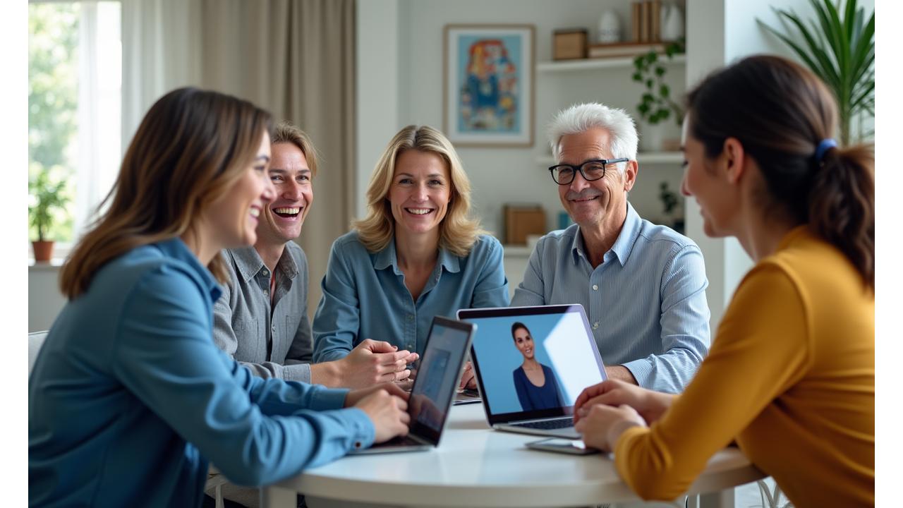 Diverse group of adults engaged in a virtual wellness workshop on laptops, smiling and interacting actively.