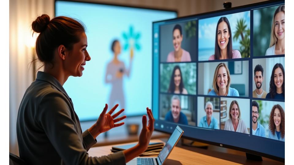 A split screen view showing an expert presentation on one side and a lively group discussion in a virtual breakout room on the other, depicting interactive learning.