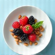 Top-down view of a vibrant, healthy, balanced meal on a modern plate.